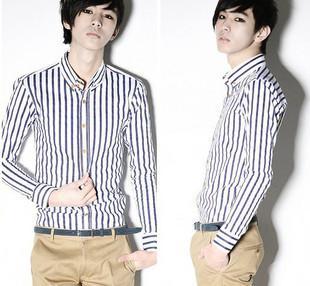 【[四季青] 2014純棉 韓版修身 條紋長袖襯衫男 工廠直批】價格_廠家_圖片 -